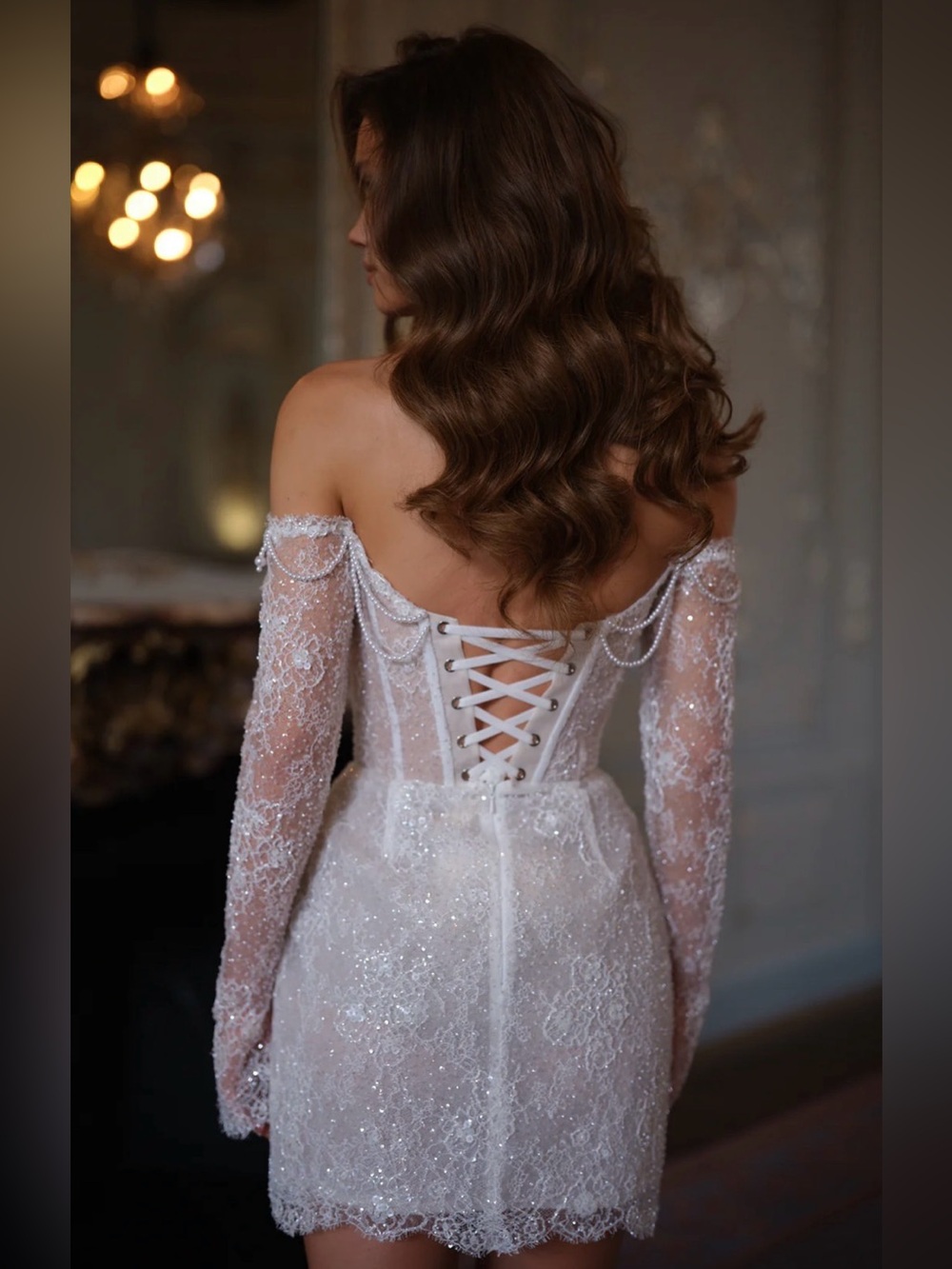 White Lace Off-Shoulder Corset Mini Dress with Choker - Picture 3 of 6